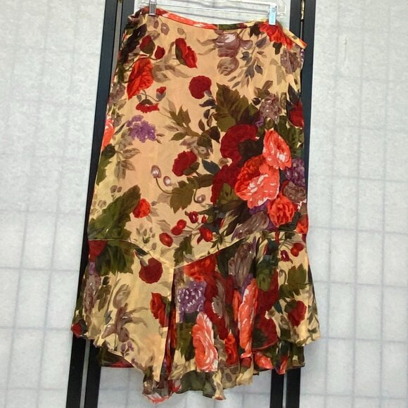 Chicos Design Sheer Lined Flamenco Ruffled Hi Low Asymmetrical Maxi Skirt Floral - Picture 2 of 13